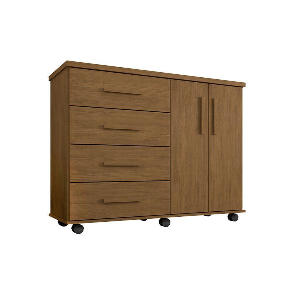 Cômoda Geval Encanto Com 04 Gavetas 02 Portas E Rodízios - Amêndoa - Cor: Marrom - 4