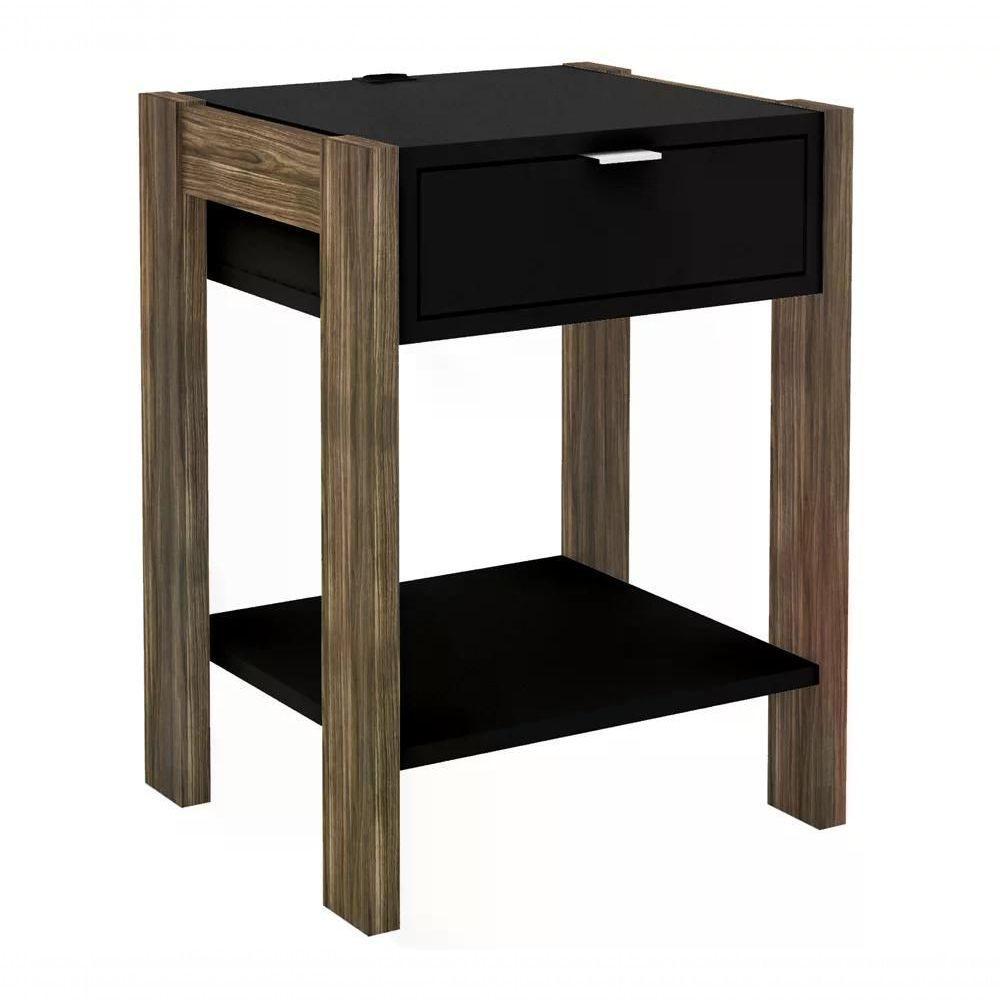 Mesa De Cabeceira Com Tomada 1 Gaveta Az1016 Preto Nogal - 1
