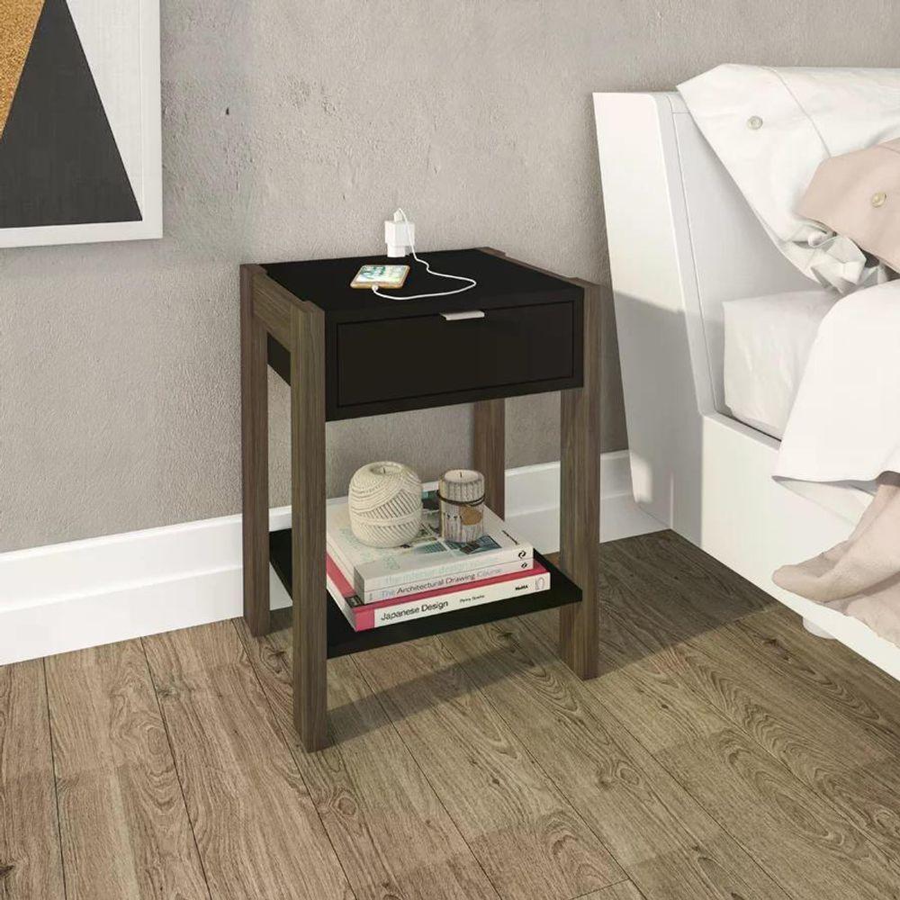 Mesa De Cabeceira Com Tomada 1 Gaveta Az1016 Preto Nogal - 3