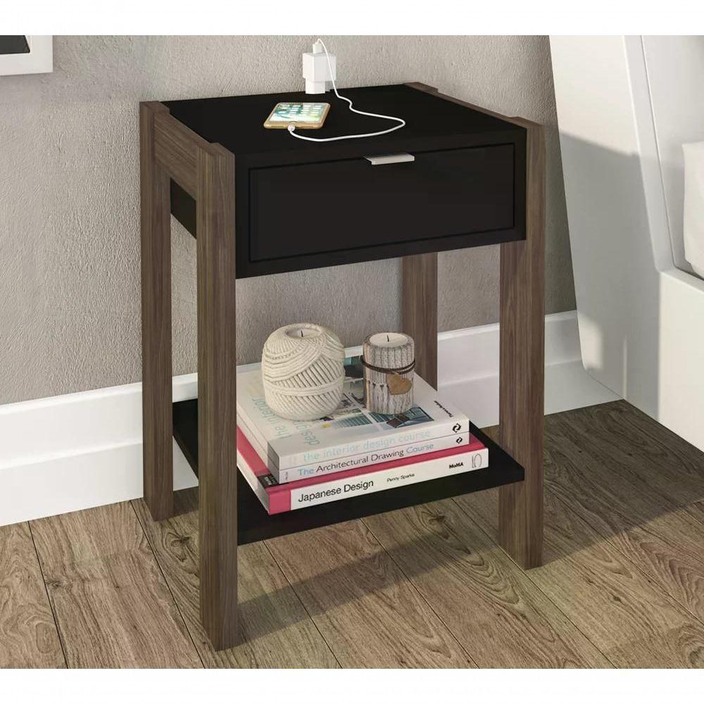 Mesa De Cabeceira Com Tomada 1 Gaveta Az1016 Preto Nogal - 8