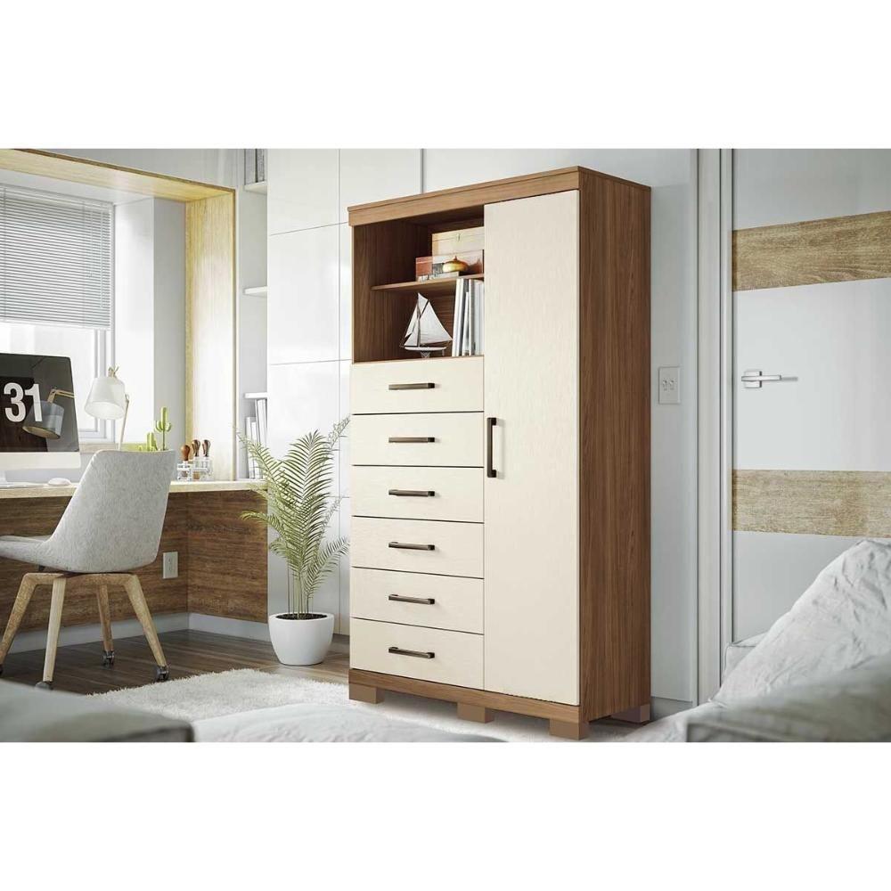 Cômoda Casal Marabá 1.6 c/ 1 Porta 2 Nichos e 6 Gavetas c/ Pés jatoba/Areia - Santos Andirá - 1