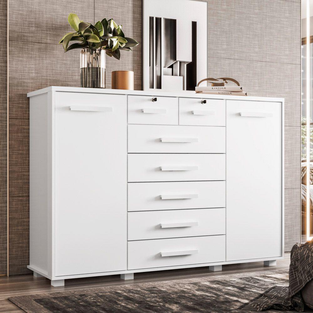 Cômoda Sapateira Para Quarto 160cm 2 Portas 7 Gavetas Fontaine A02 Branco Fosco - Mpozenato - 6