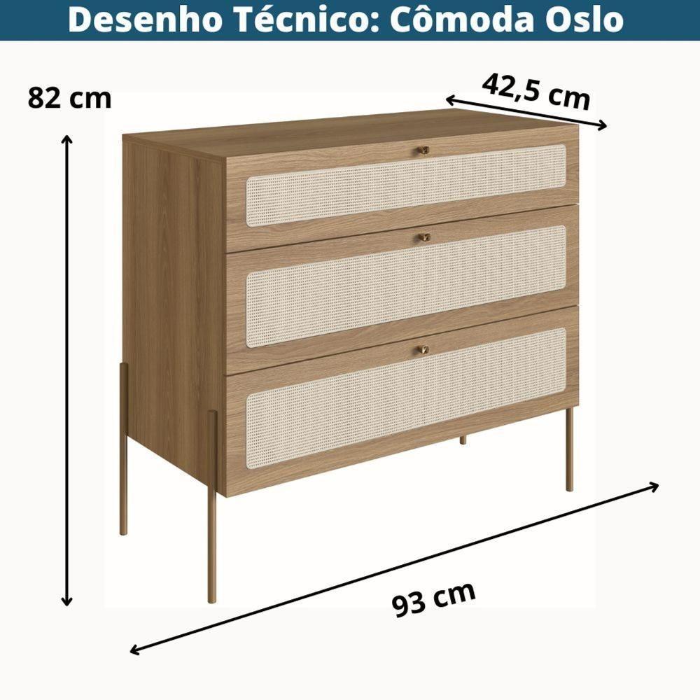 Cômoda Oslo Artesano 93 Cm (largura) Em Mdp Cor Mel Palha Natural Três Gavetas Base Metal - 3