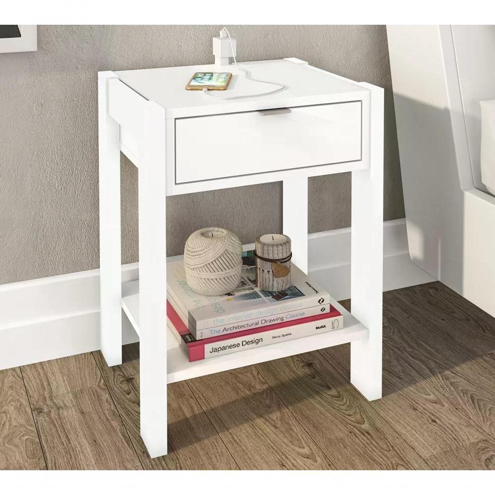 Mesa De Cabeceira Com Tomada 1 Gaveta Az1016 Branco Branco - 8