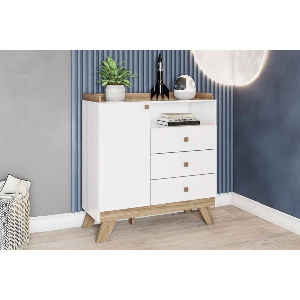 Cômoda de Quarto Confete c/ 1 Porta e 3 Gavetas Branco/Jequitiba - Henn - 1