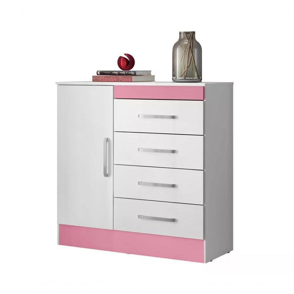 Comoda 04 Gavetas Montevideu Branco Rosa Flex Branco Rosa - 5