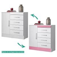 Comoda 04 Gavetas Montevideu Branco Rosa Flex Branco Rosa - 1