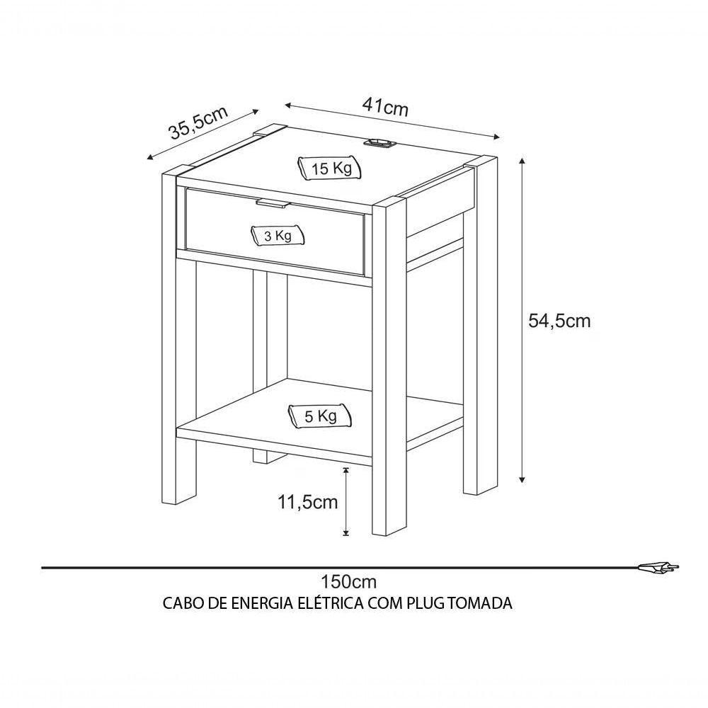 Mesa De Cabeceira Com Tomada 1 Gaveta Az1016 Branco Nogal Br - 6