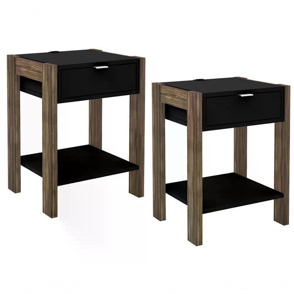 Kit 02 Mesa De Cabeceira Com Tomada 1 Gaveta Az1016 Preto No - 1
