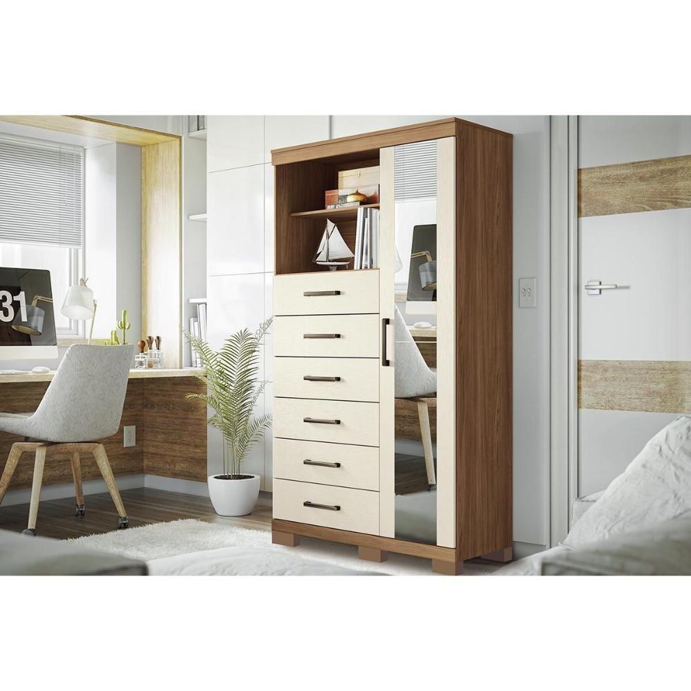 Cômoda Juvenil Marabá 1.6 c/ 1 Porta 2 Nichos e 6 Gavetas c/ Espelho e Pés jatoba/Areia - Santos Andirá - 1