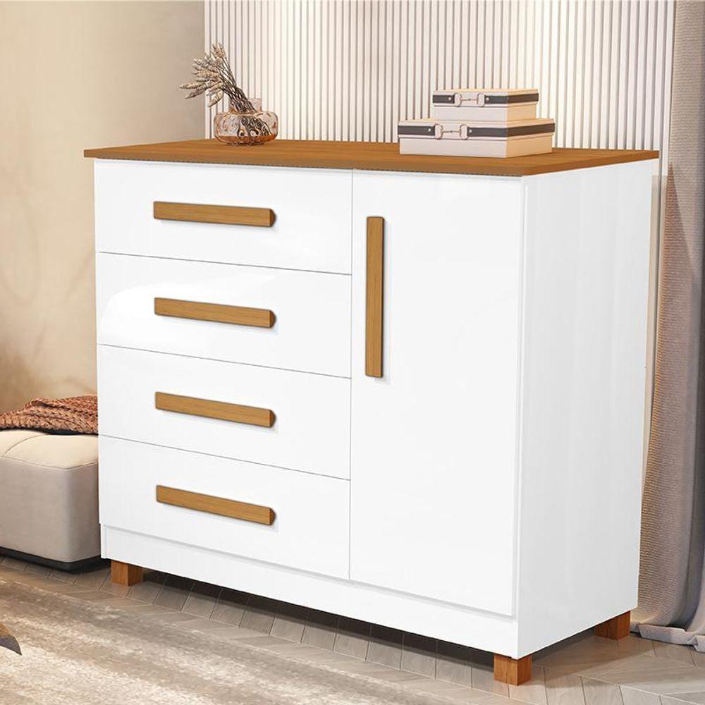Comoda Grecia Quarto 4 Gavetas 1 Porta E Pés Madeira Maciça Branco/Nature Branco/Nature - 1