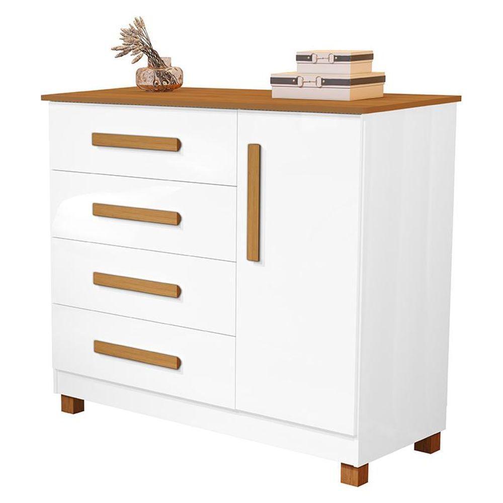 Comoda Grecia Quarto 4 Gavetas 1 Porta E Pés Madeira Maciça Branco/Nature Branco/Nature - 4