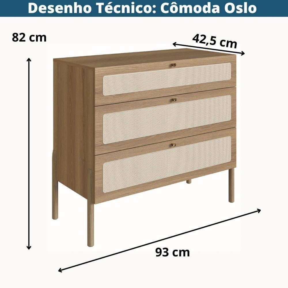 Cômoda Oslo Artesano 93 Cm (largura) Em Mdp Cor Mel Palha Natural Três Gavetas Base Madeira - 3