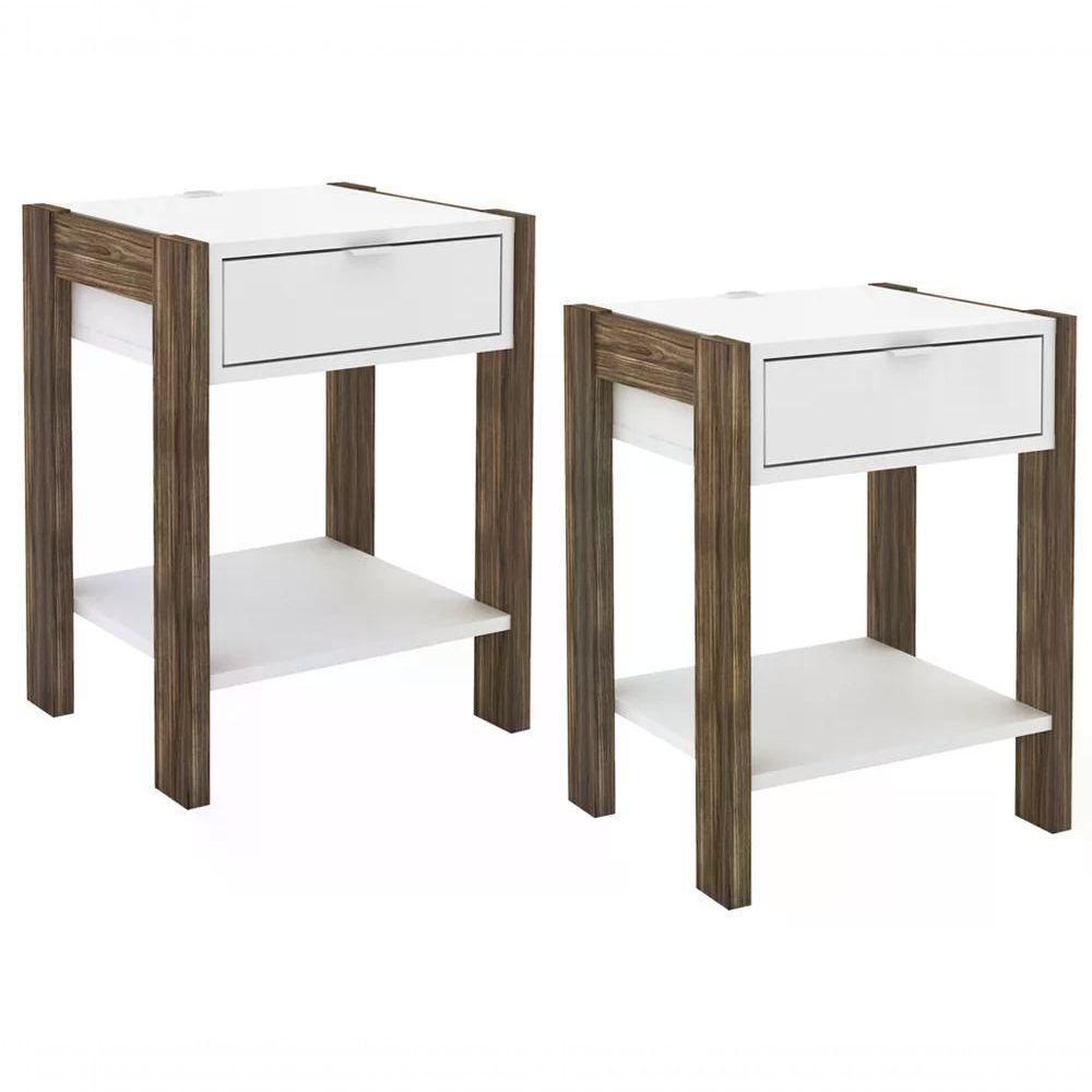 Kit 02 Mesa De Cabeceira Com Tomada 1 Gaveta Az1016 Branco N - 1