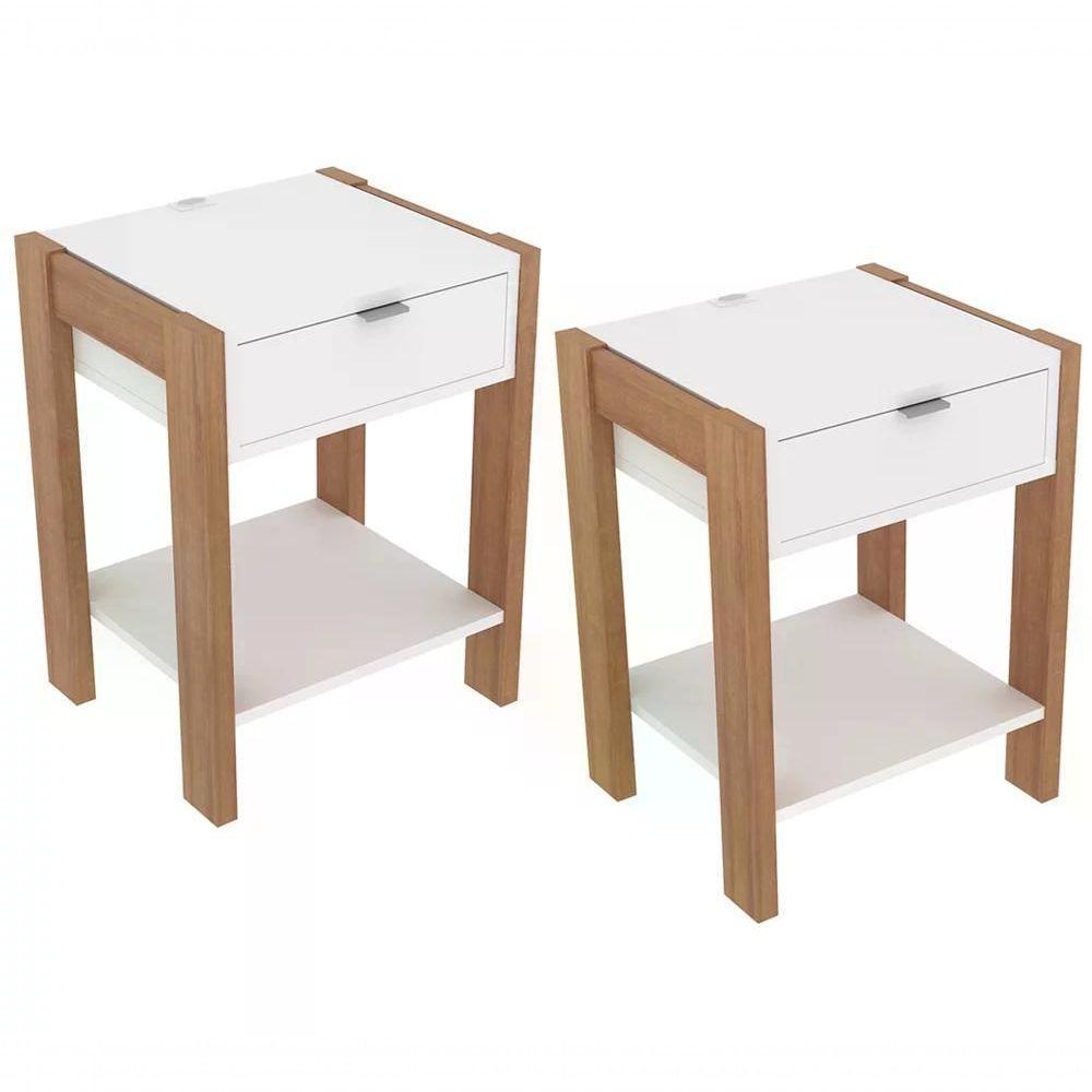 Kit 02 Mesa De Cabeceira Com Tomada 1 Gaveta Az1016 Amendoa - 1