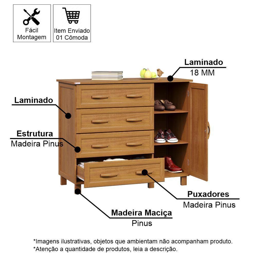 Cômoda Sapateira 4 Gavetas E Porta Em Madeira Veneza Carvalho - Straub Web - 3