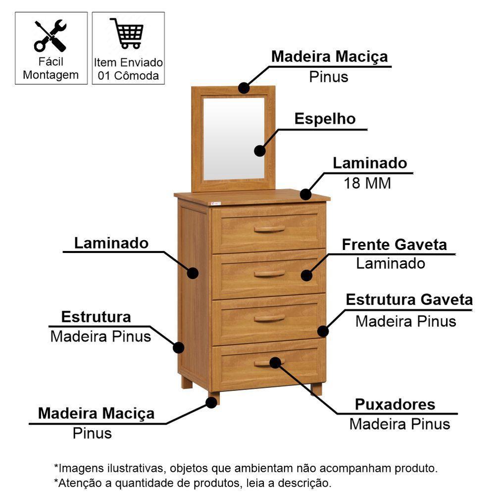 Cômoda Para Quarto 4 Gavetas Com Espelheira Em Madeira Itália Carvalho - Straub Web - 3