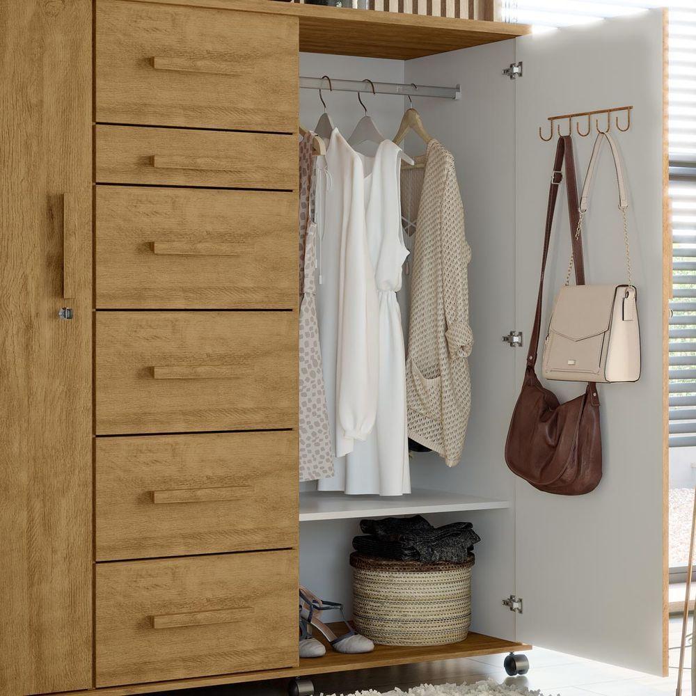 Cômoda Sapateira Roma Amêndoa 2 Portas Com Chave 6 Gavetas Cabideiro E Rodízios - Lukaliam - 2