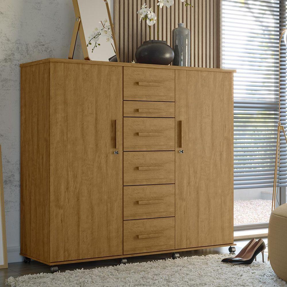 Cômoda Sapateira Roma Amêndoa 2 Portas Com Chave 6 Gavetas Cabideiro E Rodízios - Lukaliam - 1