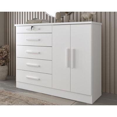 Cômoda de Quarto Istambul 5 Gavetas em MDF com Puxador de Madeira Branco Neve