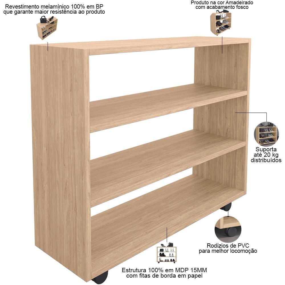 Sapateira Multiuso Organizador Com 03 Prateleiras E Rodizio Pérola L03 Amadeirado - 5