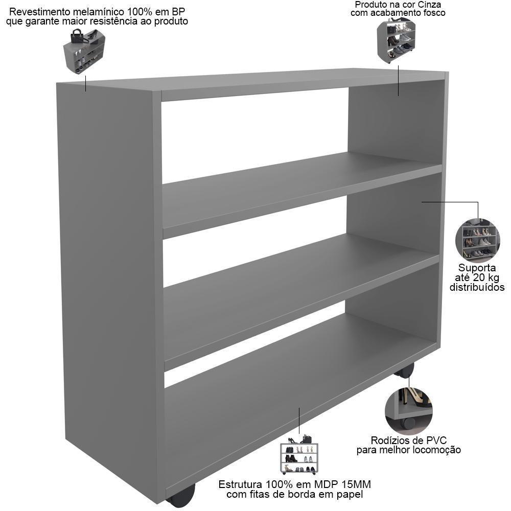 Kit 02 Sapateiras Multiuso Organizador Com 03 Prateleiras E Rodizio Pérola L03 Cinza - 9