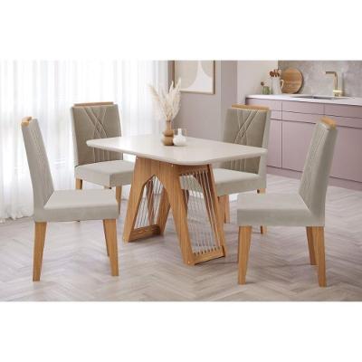 Sala de Jantar Completa Carol c/ Tampo Madeirado c/ Vidro 130cm + 4 Cadeiras Nicole Nature/Off White/Madeira/Nude - Cimol