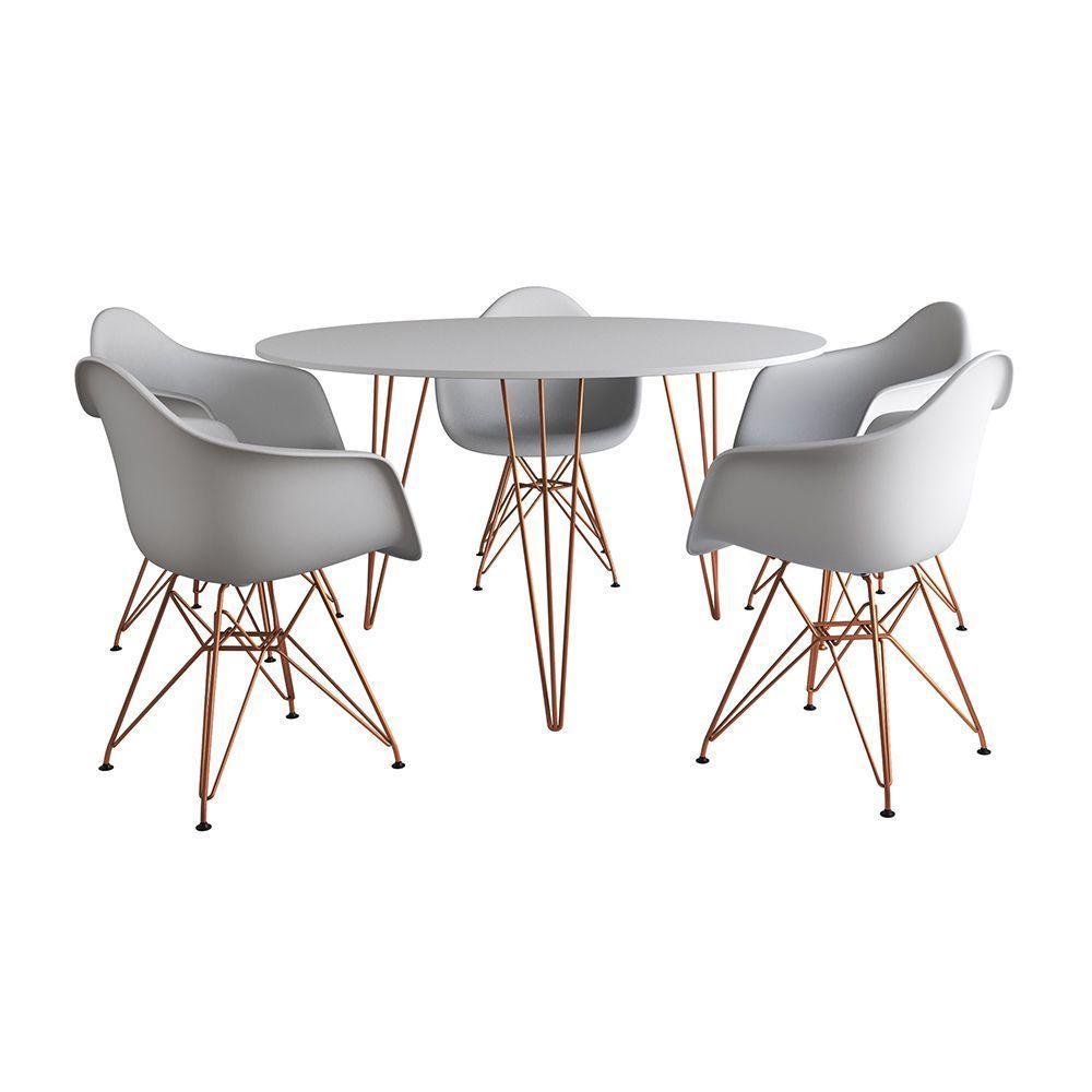 Mesa Jantar Redonda 110Cm Branca Clips 3 Pés Com 5 Poltronas Brancas Base Cobre Marrom - 6