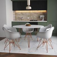 Mesa Jantar Redonda 110Cm Branca Clips 3 Pés Com 5 Poltronas Brancas Base Cobre Marrom - 1