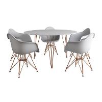 Mesa Jantar Redonda 110Cm Branca Clips 3 Pés Com 5 Poltronas Brancas Base Cobre Marrom - 6