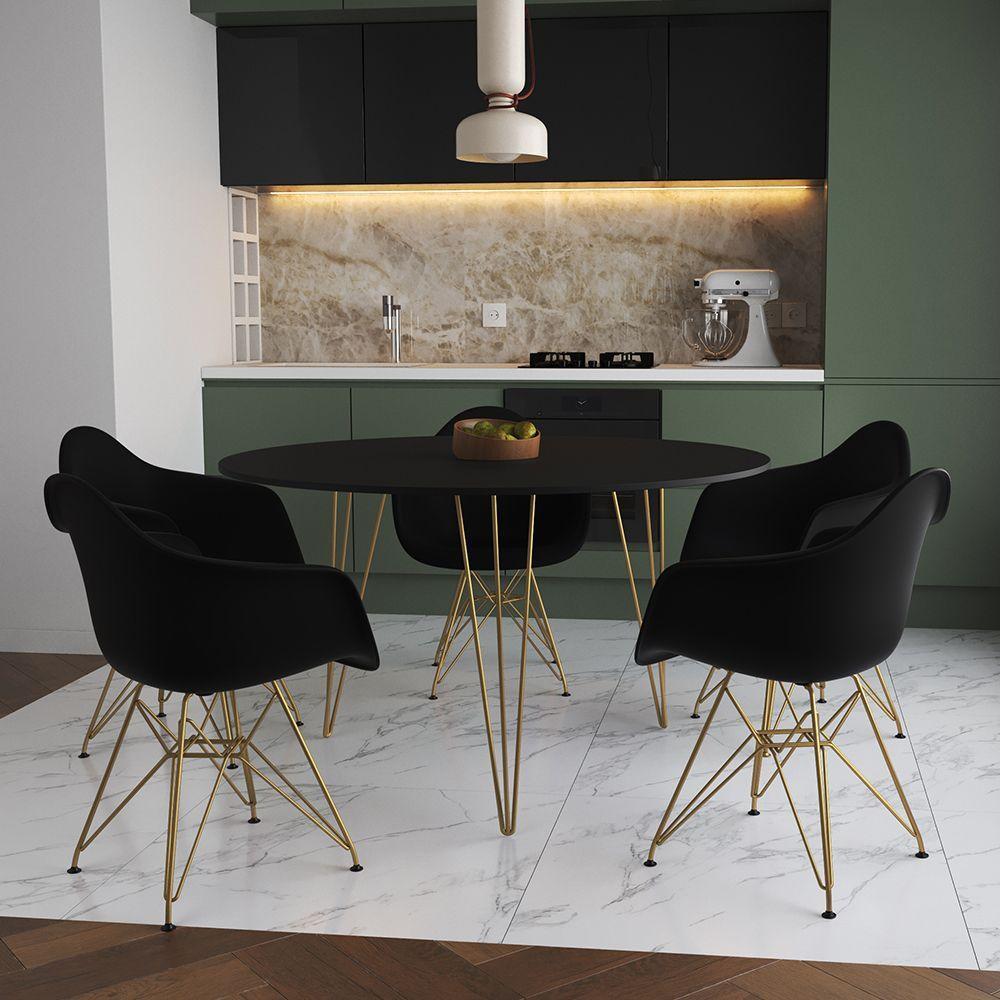 Mesa Jantar Redonda 110Cm Preta Clips 3 Pés Com 5 Poltronas Pretas Base Dourada Marrom - 1