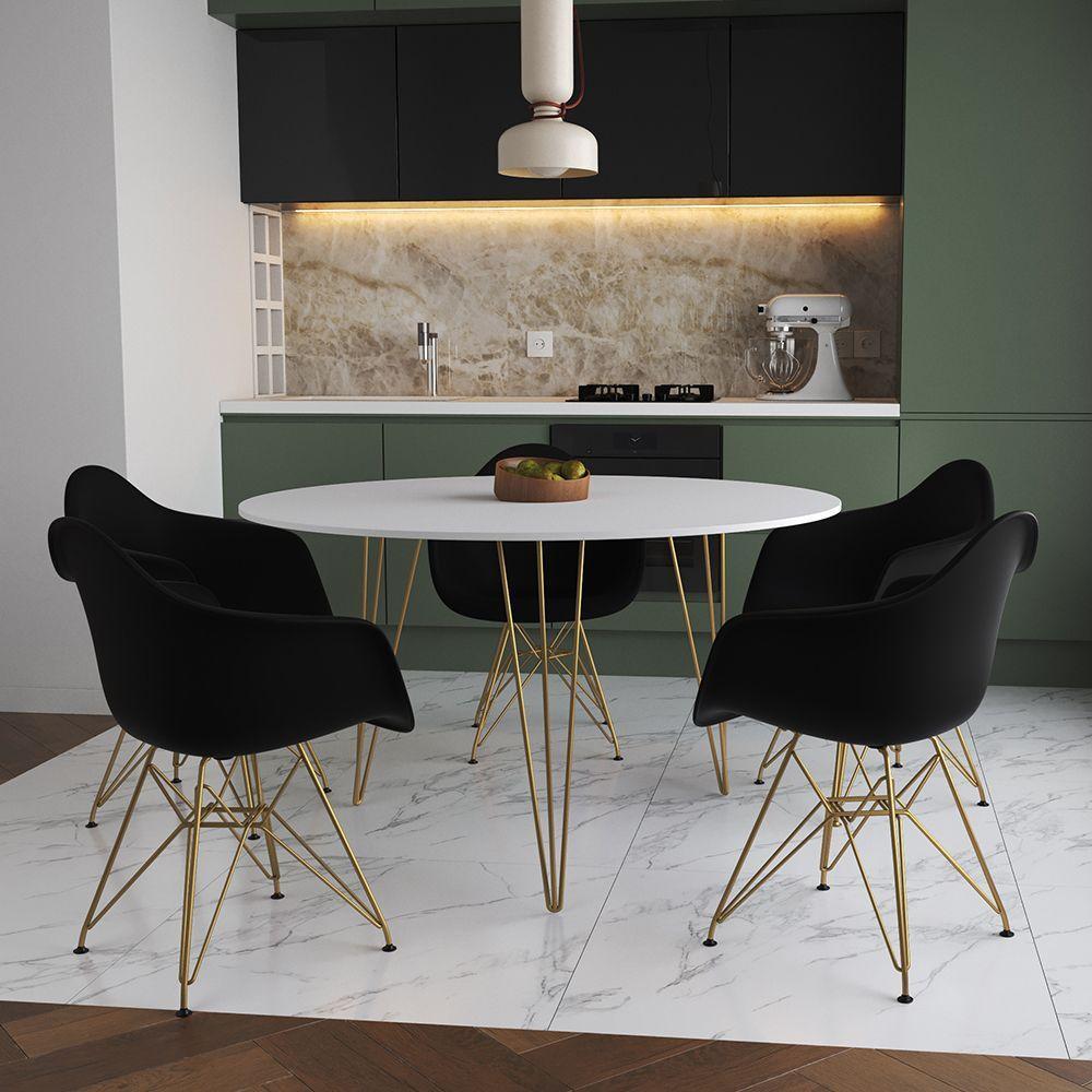 Mesa Jantar Redonda 110Cm Branca Clips 3 Pés Com 5 Poltronas Pretas Base Dourada Marrom - 1