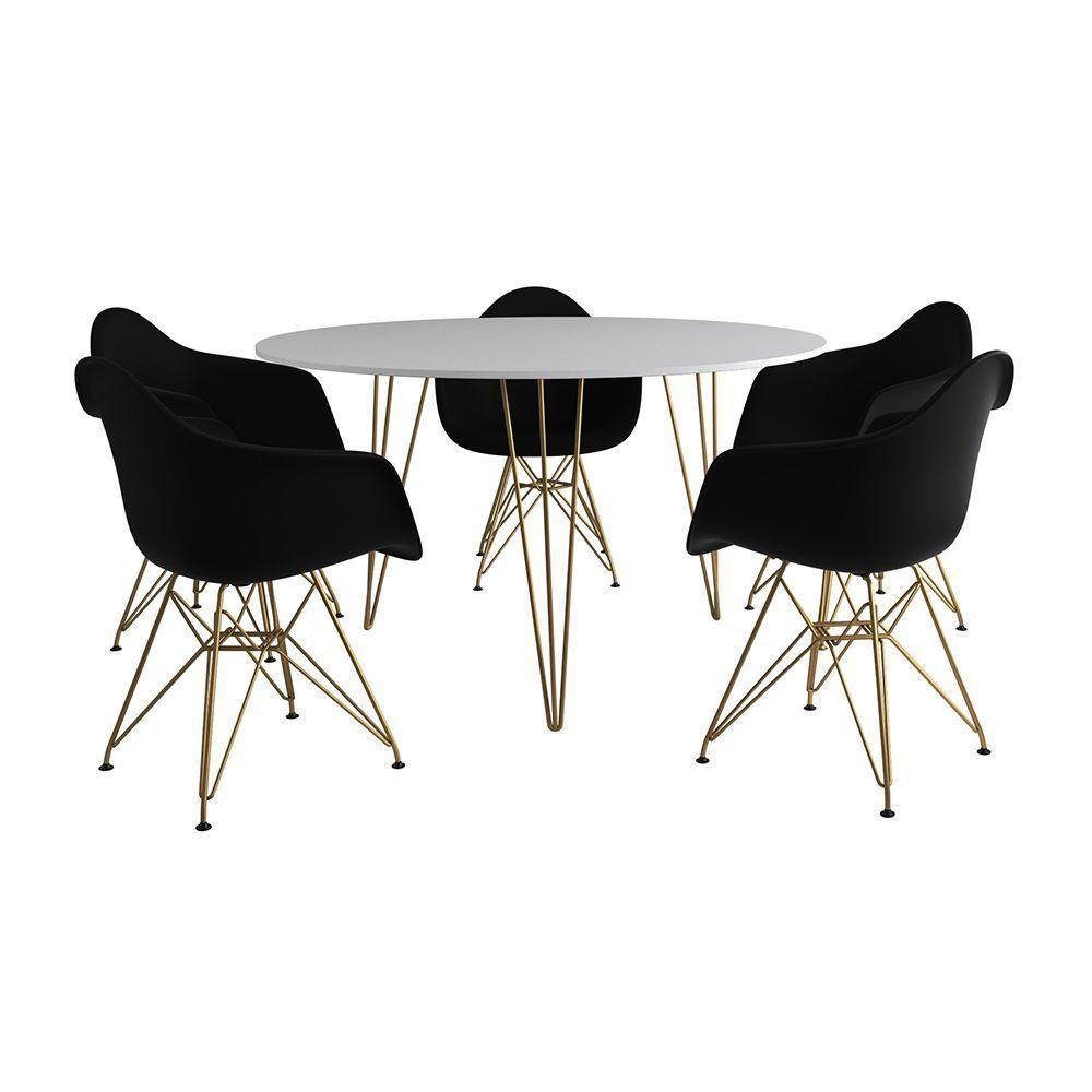 Mesa Jantar Redonda 110Cm Branca Clips 3 Pés Com 5 Poltronas Pretas Base Dourada Marrom - 6