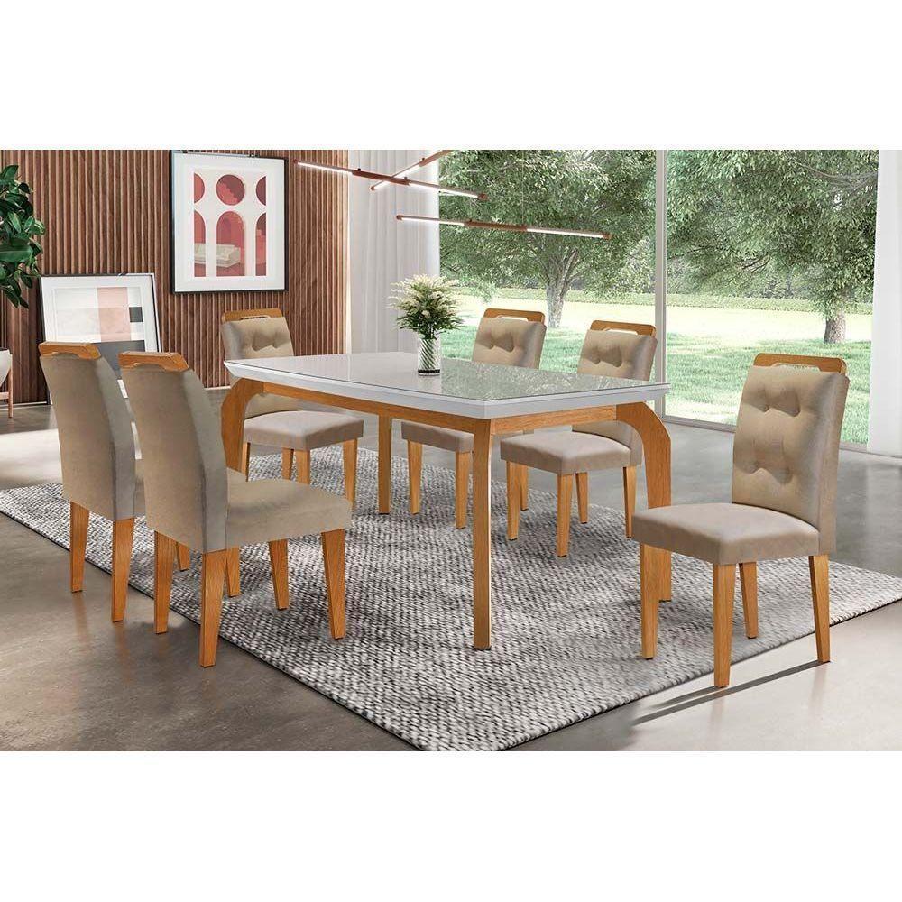 Conjunto: Mesa Sala Jantar Londrina Tampo Madeirado c/ Vidro 180cm + 6 Cadeiras Imperatriz Imbuia/Linho Turim - Rufato - 1
