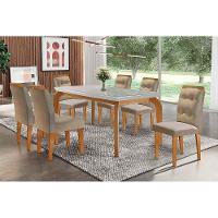 Conjunto: Mesa Sala Jantar Londrina Tampo Madeirado c/ Vidro 180cm + 6 Cadeiras Imperatriz Imbuia/Linho Turim - Rufato - 1