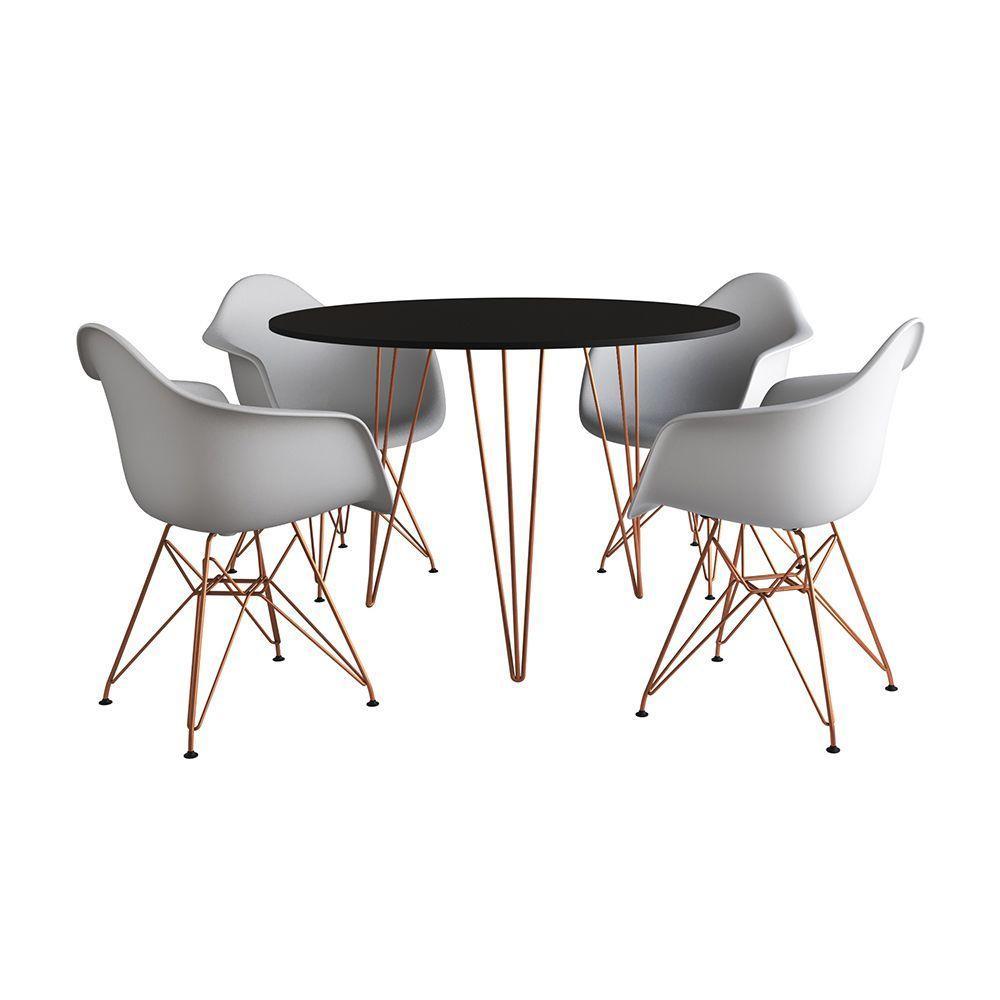 Mesa Jantar Redonda 90Cm Preta Clips 3 Pés Com 4 Poltronas Brancas Base Cobre Preto - 7