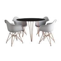 Mesa Jantar Redonda 90Cm Preta Clips 3 Pés Com 4 Poltronas Brancas Base Cobre Preto - 13