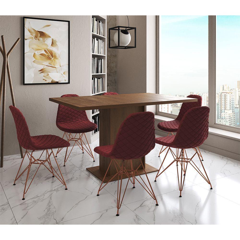 Mesa Jantar Londres Retangular Amêndoa 137X90Cm 6 Cadeiras Estofadas Vermelho Base Cobre - 1