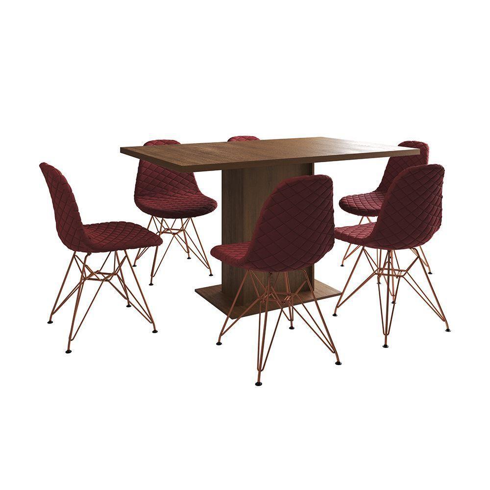 Mesa Jantar Londres Retangular Amêndoa 137X90Cm 6 Cadeiras Estofadas Vermelho Base Cobre - 6