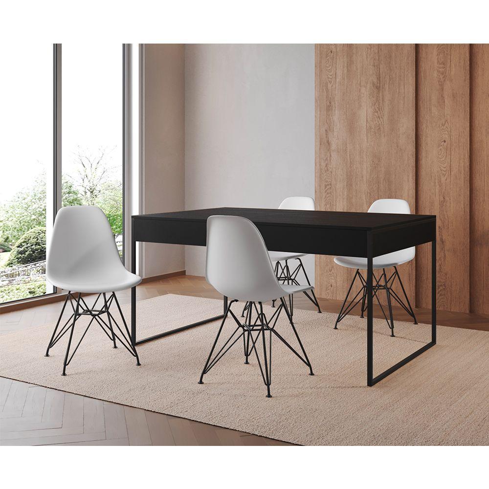 Mesa Jantar Industrial Retangular Filadélfia 137X90Cm Preta Com 4 Cadeiras Brancas Eames Base Ferro - 1