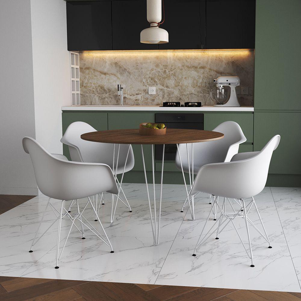 Mesa Jantar Redonda 90Cm Amêndoa Clips 3 Pés Com 4 Poltronas Brancas Ferro Branco Marrom - 1