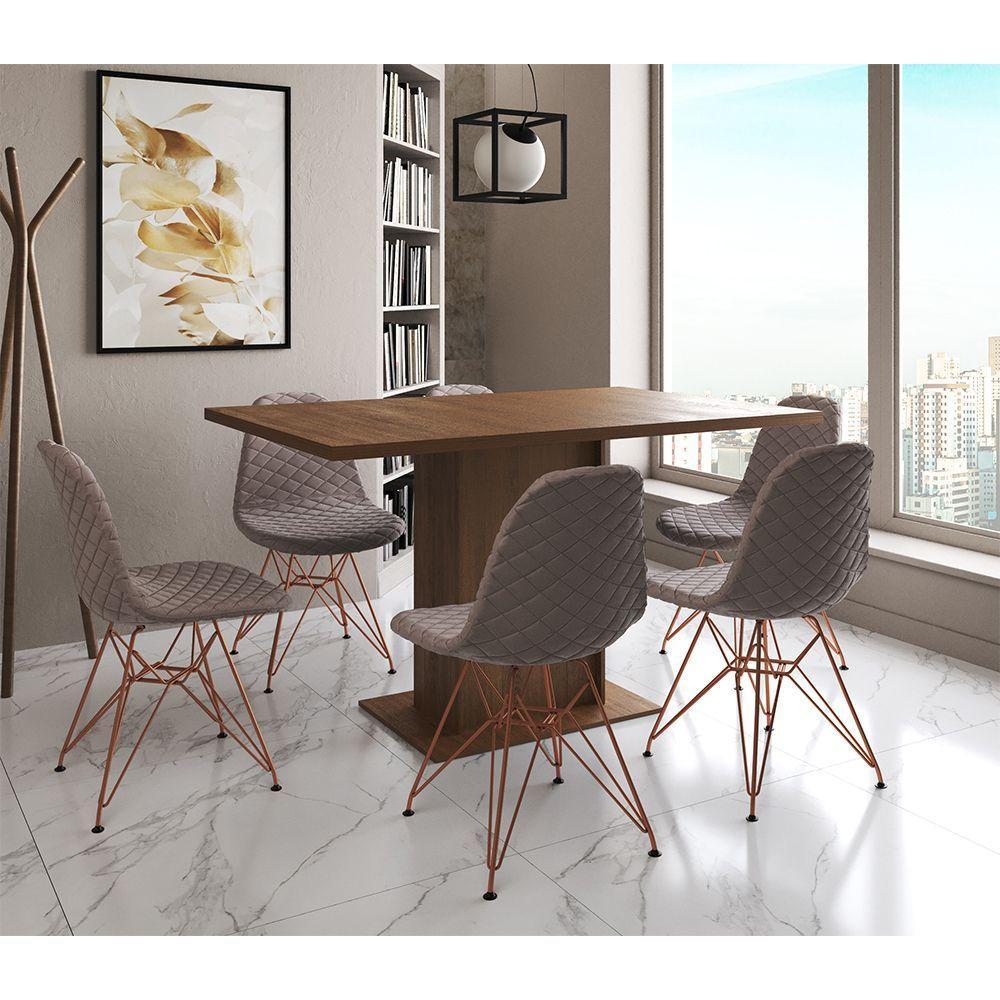 Mesa Jantar Londres Retangular Amêndoa 137X90Cm 6 Cadeiras Estofadas Nude Médio Base Cobre - 1