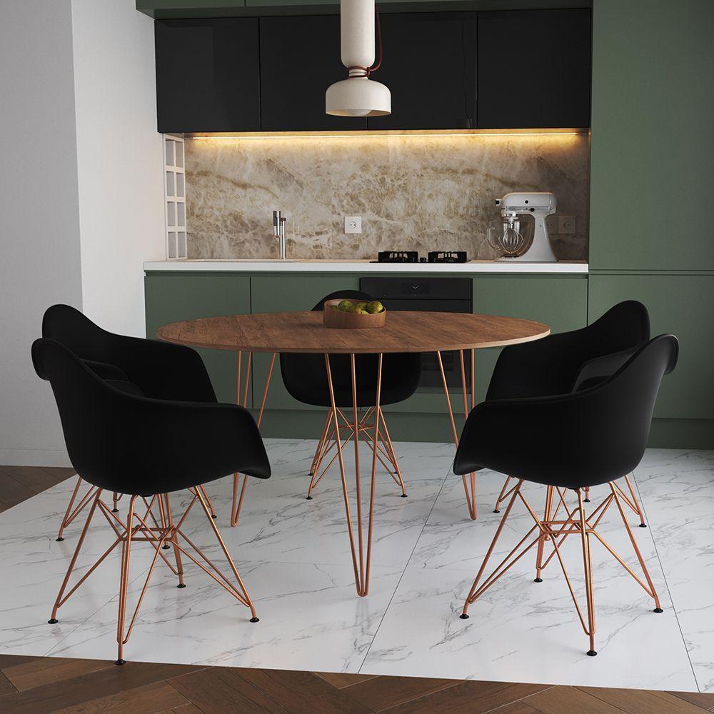 Mesa Jantar Redonda 110Cm Amêndoa Clips 3 Pés Com 5 Poltronas Pretas Base Cobre Marrom - 1