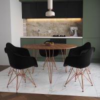 Mesa Jantar Redonda 110Cm Amêndoa Clips 3 Pés Com 5 Poltronas Pretas Base Cobre Marrom - 1