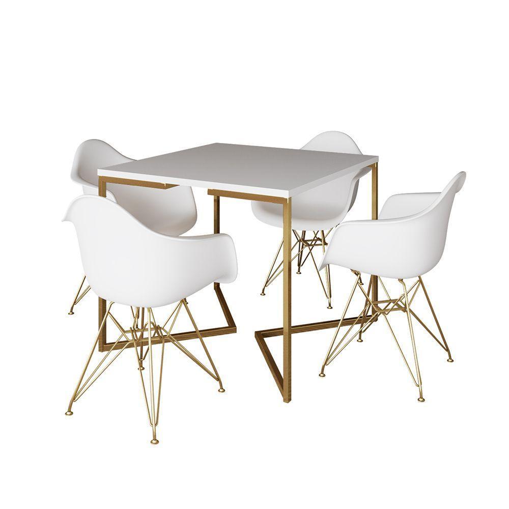 Mesa Jantar Industrial Quadrada 90Cm Branca Base V Com 4 Poltronas Daw Brancas Base Dou Marrom - 5