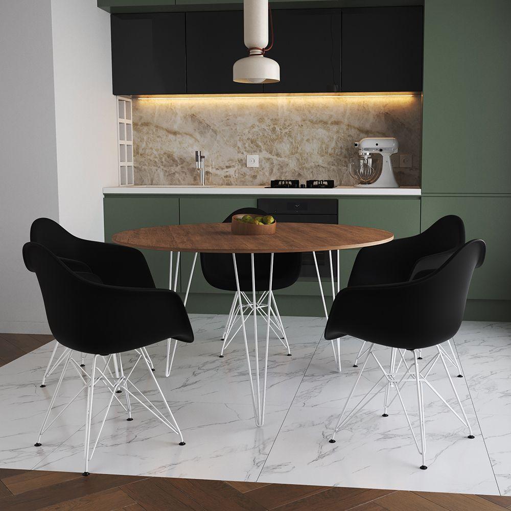 Mesa Jantar Redonda 110Cm Amêndoa Clips 3 Pés Com 5 Poltronas Pretas Ferro Branco Marrom - 1