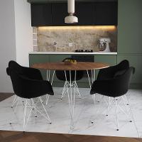Mesa Jantar Redonda 110Cm Amêndoa Clips 3 Pés Com 5 Poltronas Pretas Ferro Branco Marrom - 1