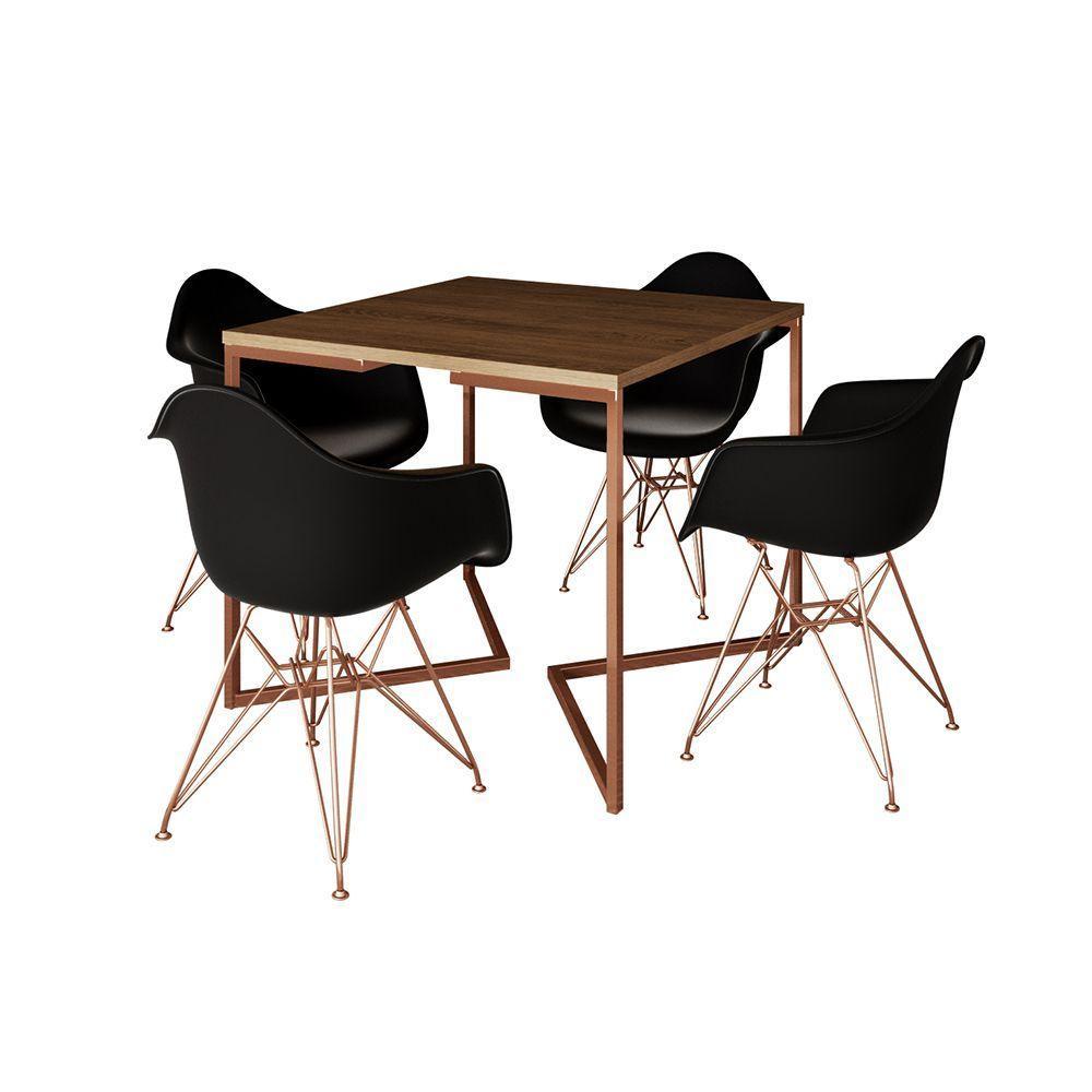 Mesa Jantar Industrial Amêndoa 90Cm Quadrada Base Cobre V Com 4 Poltronas Pretas Pés Co Marrom - 9