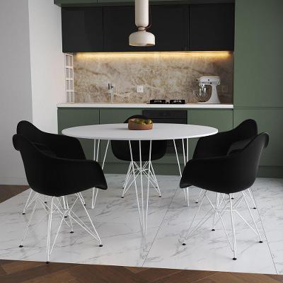 Mesa Jantar Redonda 110Cm Branca Clips 3 Pés Com 5 Poltronas Pretas Ferro Branco Marrom