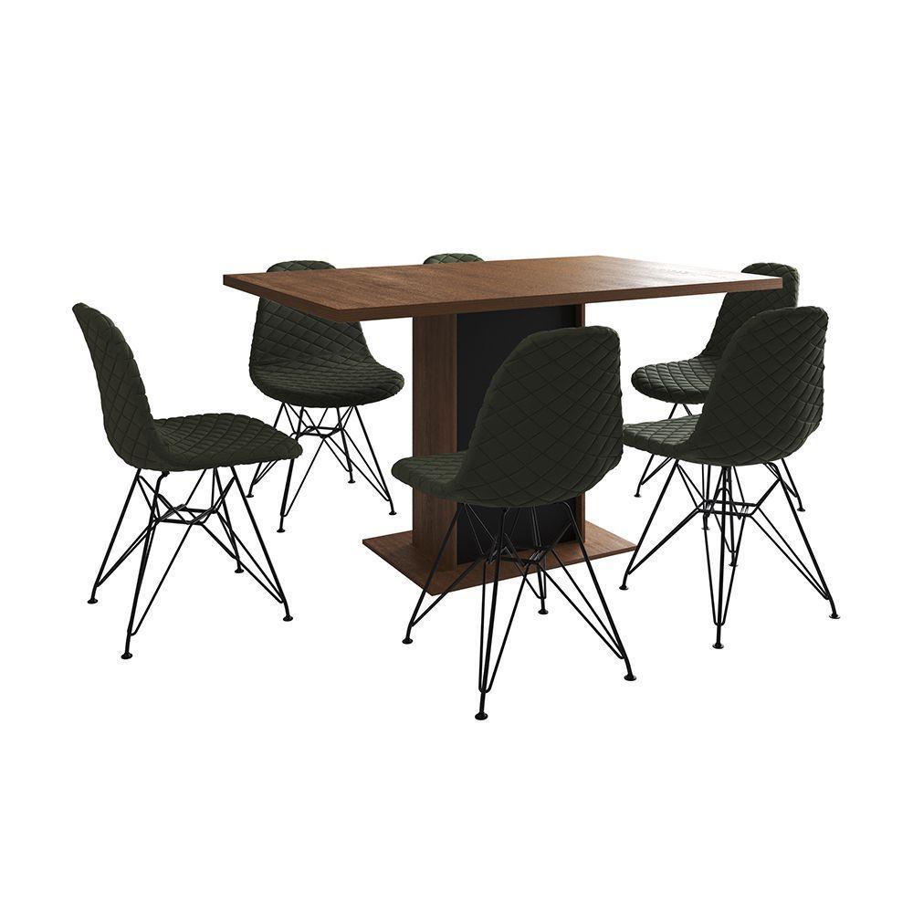 Mesa Jantar Londres Retangular Amêndoa 137X90 Base Preta 6 Cadeiras Estofadas Verde Ferro Preto - 6